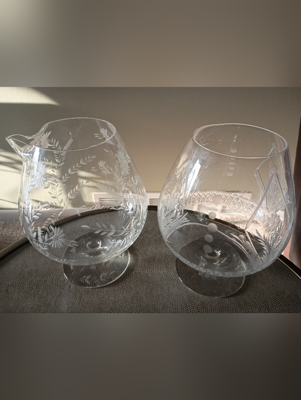 Vintage Mid-Century Brandy Sniffters, Large, Wheat Etched Cut Glass, Set Of 2